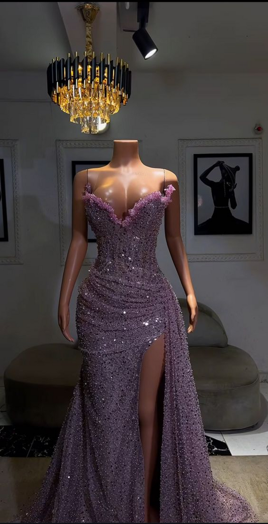 Gorgeous Sweetheart Sheath Purple Sequins Long Evening Party Dress MD7323