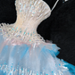 Gorgeous Sparkling Blue Sequin A-Line Elegant Chiffon Evening Dress Prom Dresses Ball Gown D1630