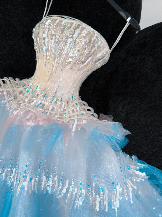 Gorgeous Sparkling Blue Sequin A-Line Elegant Chiffon Evening Dress Prom Dresses Ball Gown D1630