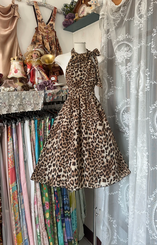 Vintage Leopard Print Halter Dress Design A-Line Homecoming Dress Party Dress D1677