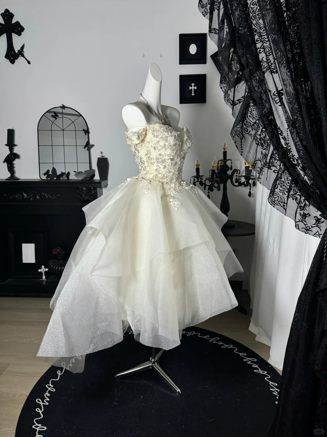 New Homecoming Dress Off the Shoulder Tulle Sequins Lace Hi-Lo Cascade Applique Back to School Outfits Party Dress Birthday Dress Wedding Dress D7670