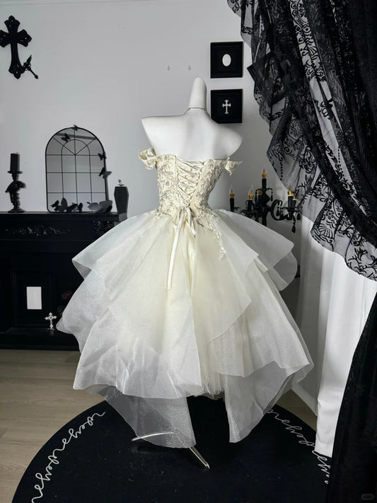 New Homecoming Dress Off the Shoulder Tulle Sequins Lace Hi-Lo Cascade Applique Back to School Outfits Party Dress Birthday Dress Wedding Dress D7670