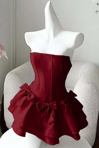Beautiful Homecoming Dress Strapless Pleated Bowknot Back to School Outfits Party Dress D7249