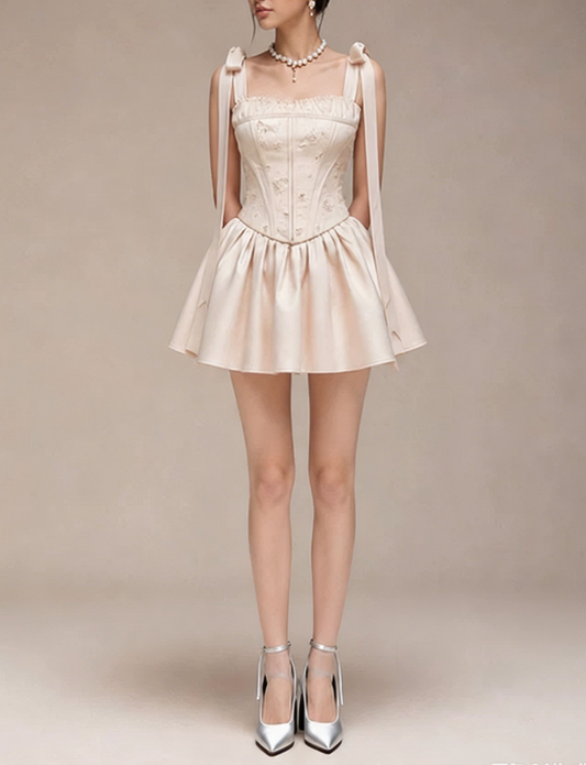 Charming Homecoming Dress Spaghetti Strap Pleated Bowknot Back to School Outfits Party Dress  D7383
