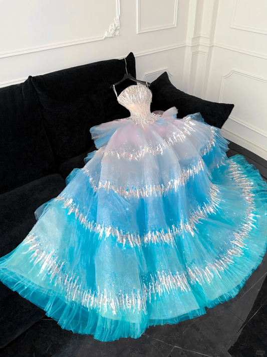Gorgeous Sparkling Blue Sequin A-Line Elegant Chiffon Evening Dress Prom Dresses Ball Gown D1630