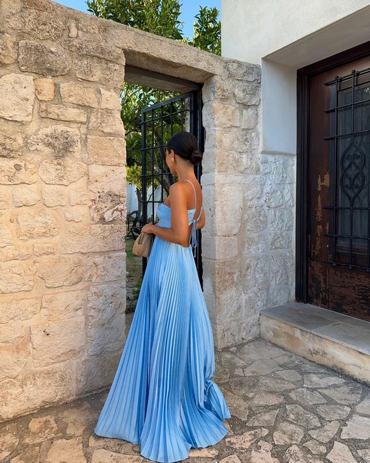Blue Halter A-Line Open Back Pleated Satin Long Party Dress MD7318