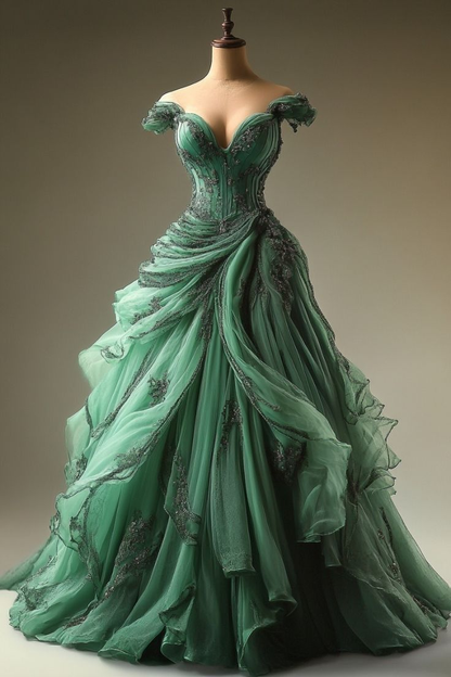 Retro Green Off Shoulder A-Line Beading Chiffon Long Prom Dress Evening Gown, D772