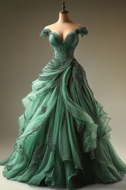 Retro Green Off Shoulder A-Line Beading Chiffon Long Prom Dress Evening Gown, D772