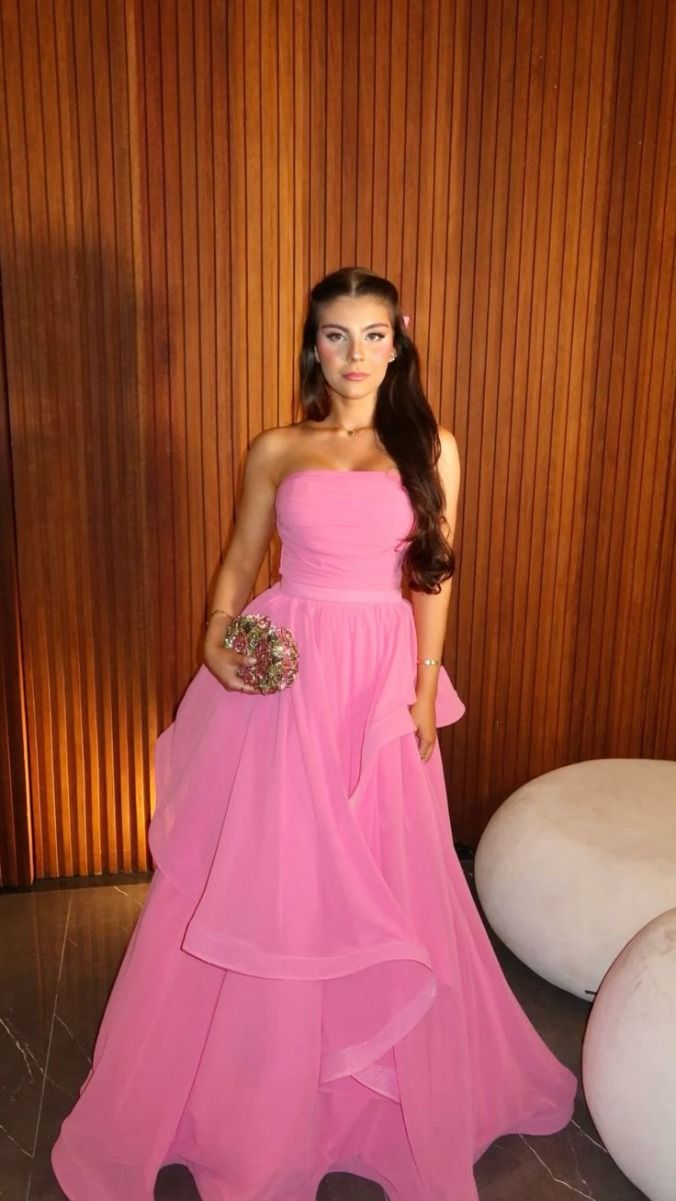 Elegant Pink Strapless A-Line Ruffles Long Formal Party Dress MD7365