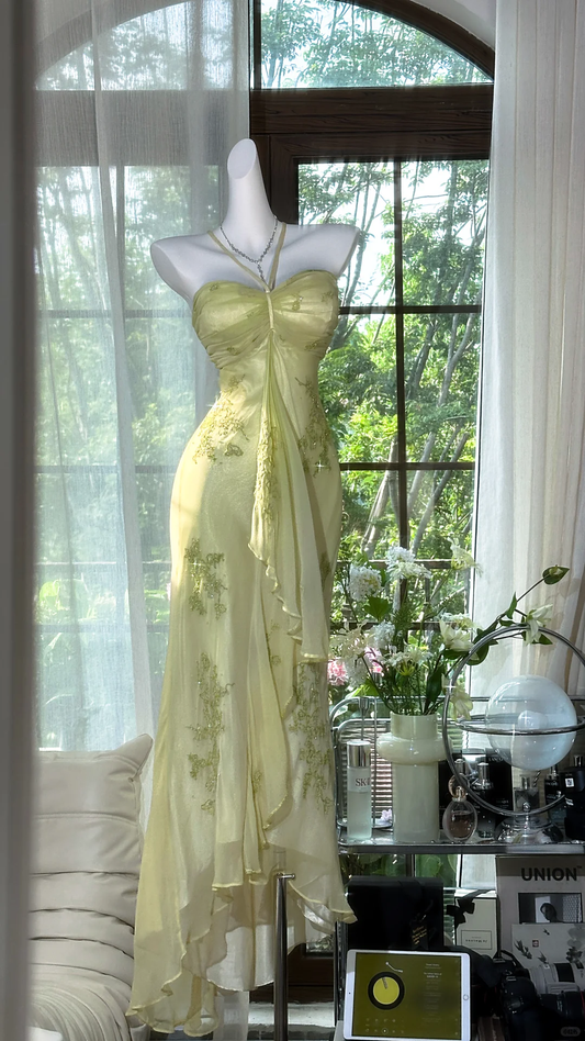 Shiny Light Green Sequined Spaghetti Strap Design Chiffon Prom Dress Evening Dress D1705