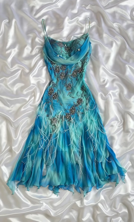Vintage Blue Spaghetti Straps Sheath Beading Long Evening Party Dress, D773