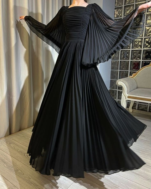 Elegant Black A-Line Chiffon Long Sleeves Modest Long Formal Party Dress, D967