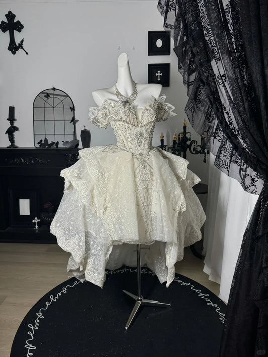 New Homecoming Dress V Neck Tulle Bead Sequins Pearl Lace Hi-Lo Cascade Back to School Outfits Party Dress Birthday Dress Wedding Dress D7646