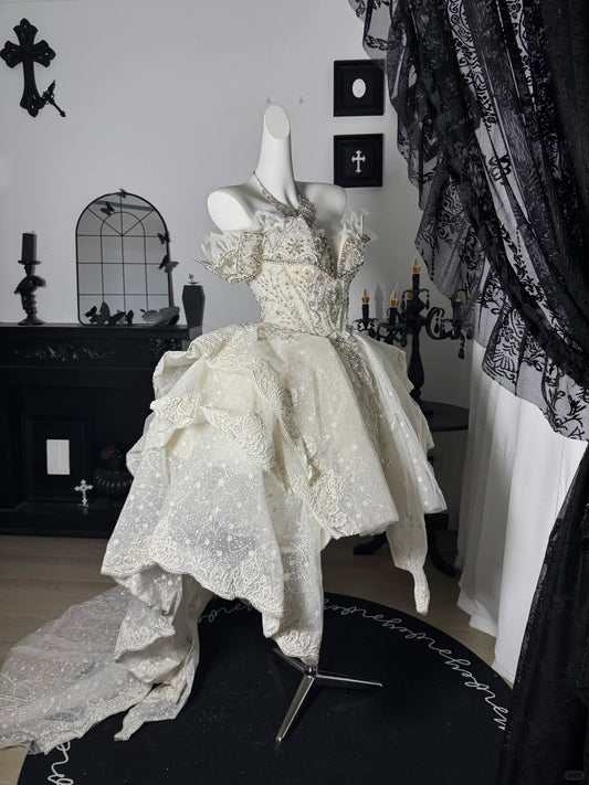 New Homecoming Dress V Neck Tulle Bead Sequins Pearl Lace Hi-Lo Cascade Back to School Outfits Party Dress Birthday Dress Wedding Dress D7646