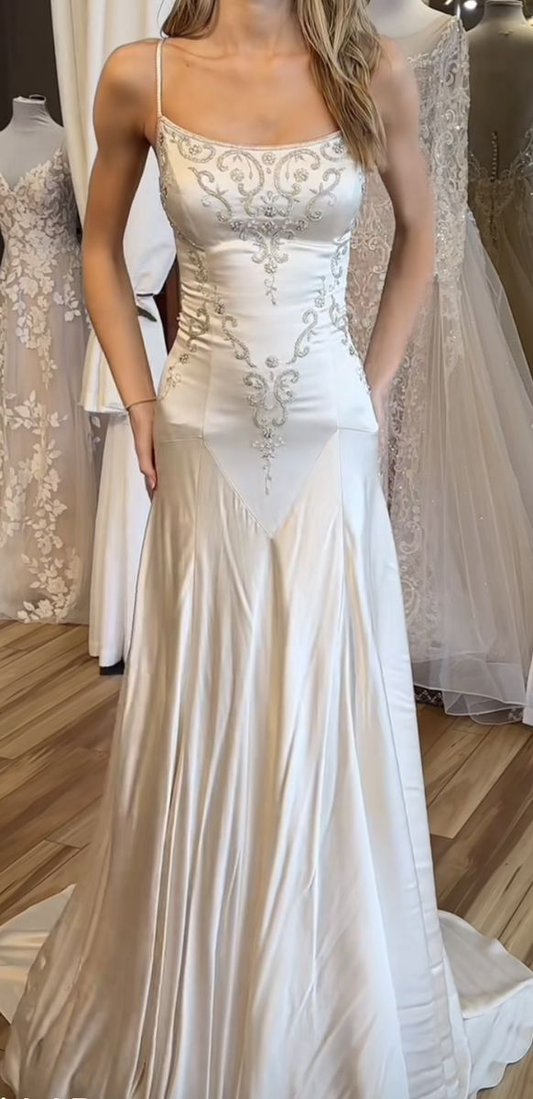 New Arrival Spaghetti Straps A-Line Beading Long Wedding Dress Bridal Dress, D775