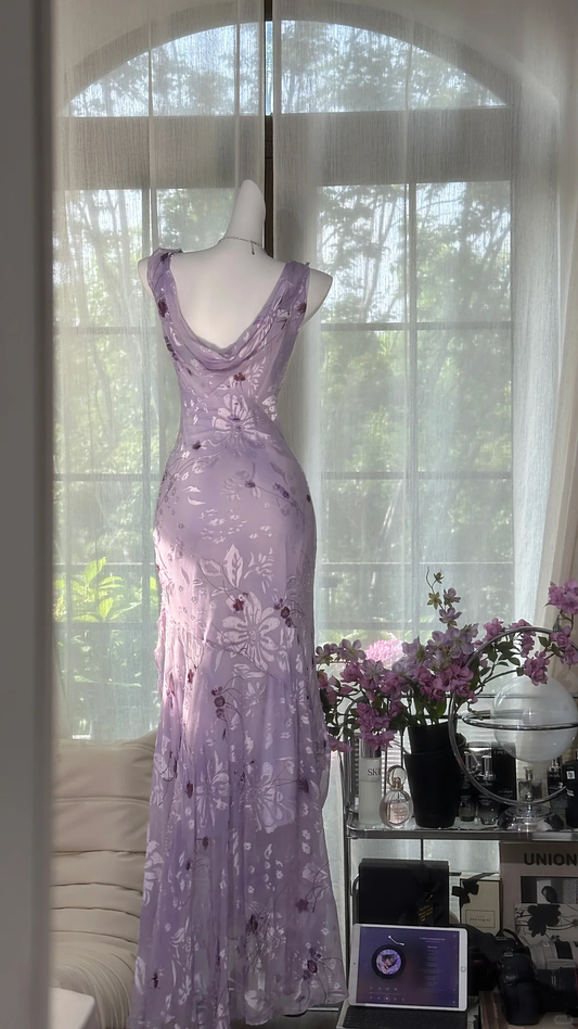 Vintage Light Purple Floral Applique Mermaid Cowl Neck Design Satin Prom Dress Evening Dress D1702