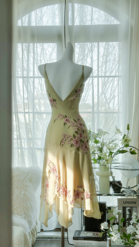 Vintage Light Green Spaghetti Strap Floral Design A-line Romantic Chiffon Evening Dress Prom Dress D1504