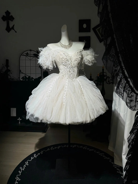 New Homecoming Dress Off the Shoulder Tulle Sequins Bead Flower Applique Pearl Rinestone Ball Gown Back to School Outfits Party Dress Birthday Dress Wedding Dress D7549