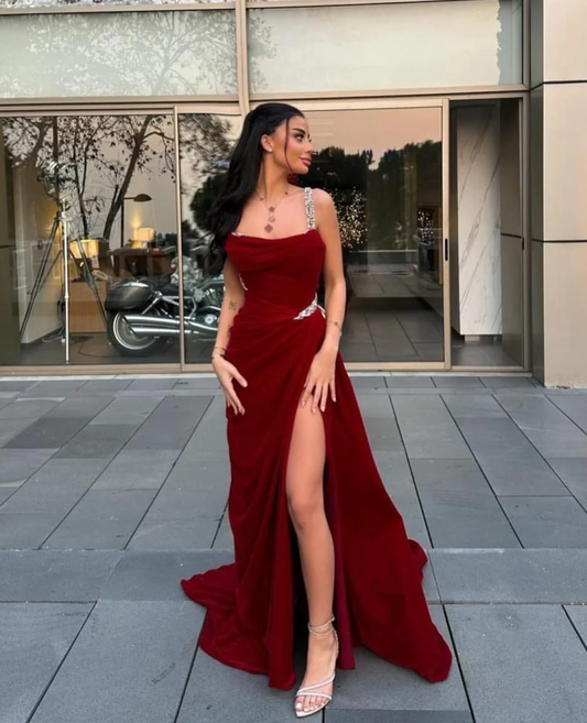 Wine Red Spaghetti Straps Sheath Long Evening Party Dress MD7367
