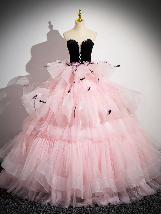 Pink Tulle and Black Velvet Strapless Party Gown Ruffles Formal Evening Dress MD7188