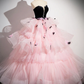 Pink Tulle and Black Velvet Strapless Party Gown Ruffles Formal Evening Dress MD7188