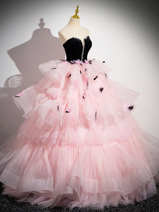 Pink Tulle and Black Velvet Strapless Party Gown Ruffles Formal Evening Dress MD7188