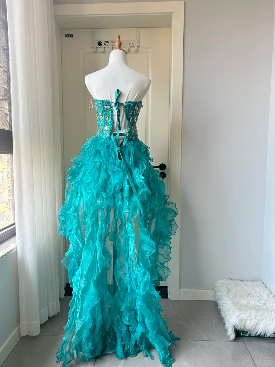 New Homecoming Dress Sweetheart Rinestone Cascade Hi-Lo Back to School Outfits Party Dress  D6485