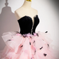 Pink Tulle and Black Velvet Strapless Party Gown Ruffles Formal Evening Dress MD7188