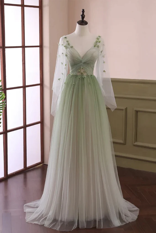 Light Green V Neck A-Line Tulle Formal Long Evening Dress MD7213