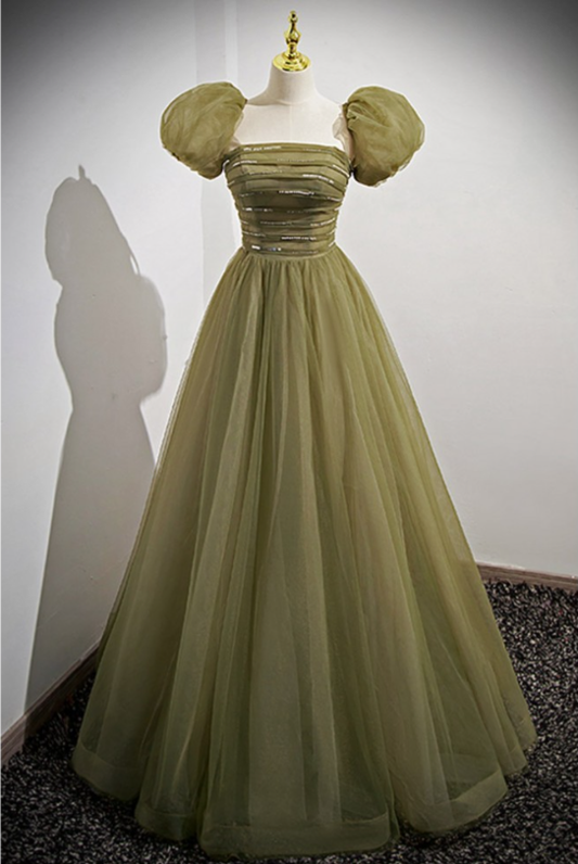 Green A-Line Tulle Long Modest Prom Dress with Removable Sleeves MD7306