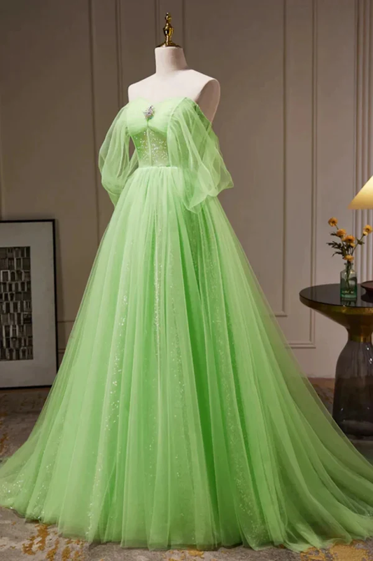 Off Shoulder A Line Tulle Long Prom Dress, Green Formal Gown With Sequins MD7224