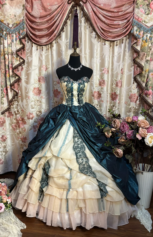 Retro Teal Sweetheart A-Line Satin Quinceanera Dress Birthday Ball Gown, D839