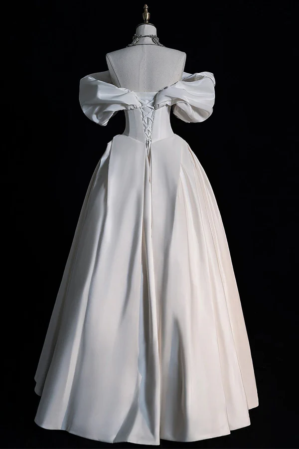 Stunning White Off Shoulder A-Line Satin Wedding Dress Birthday Gown MD7605