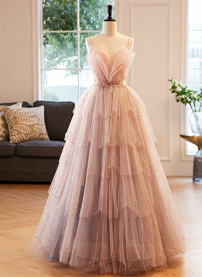 Stunning Pink Spaghetti Straps A-Line Long Prom Dress Evening Gown MD7333