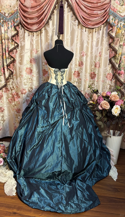 Retro Teal Sweetheart A-Line Satin Quinceanera Dress Birthday Ball Gown, D839