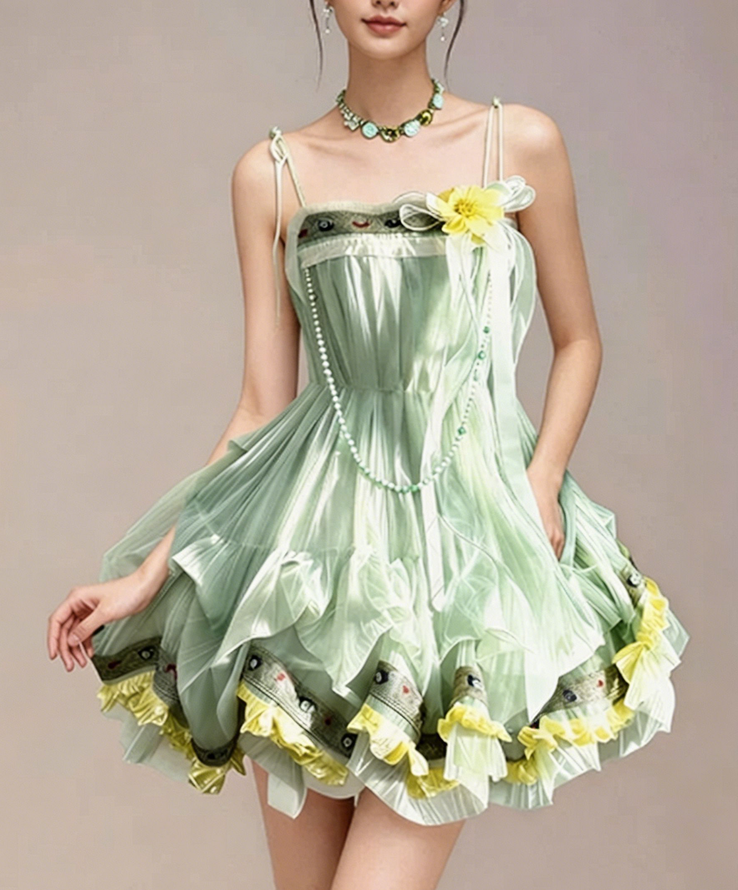 Charming Homecoming Dress Spaghetti Strap Flower Bowknot Pearl Flouncing Cascade Back to School Outfits Party Dress  D7375