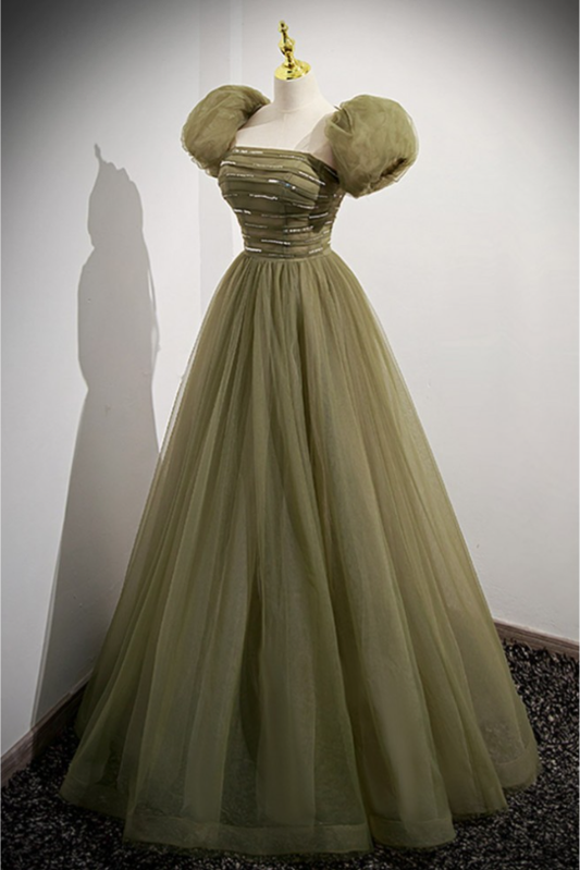 Green A-Line Tulle Long Modest Prom Dress with Removable Sleeves MD7306