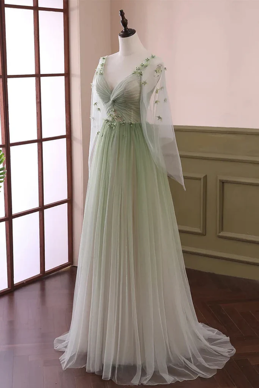 Light Green V Neck A-Line Tulle Formal Long Evening Dress MD7213