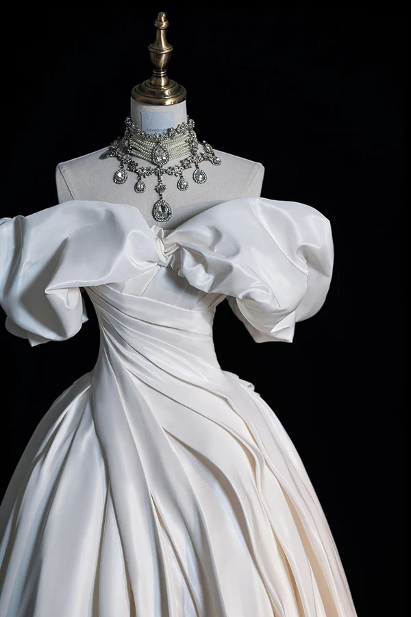 Stunning White Off Shoulder A-Line Satin Wedding Dress Birthday Gown MD7605