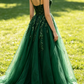 Green Straps A-Line V Neck Tulle Appliques Long Party Dress Formal Evening Gown, D426