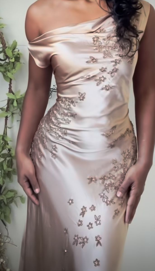Elegant Sleeveless Sheath Satin Appliques Long Evening Party Dresses, D1157