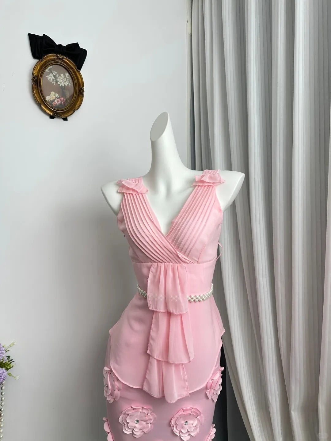 New Homecoming Dress V Neck Pearl Pleated Flower Back to School Outfits Party Dress D6944