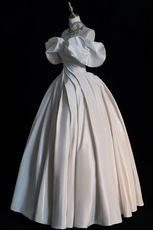 Stunning White Off Shoulder A-Line Satin Wedding Dress Birthday Gown MD7605