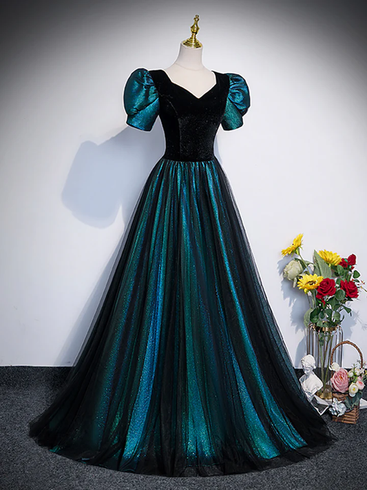 Unique Black Long Prom Dress Tulle A-Line Short Sleeve Evening Gown MD7186