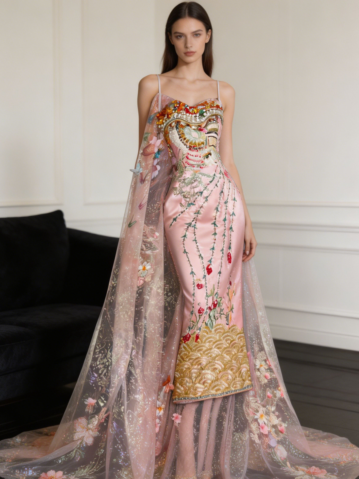 Chic Spaghetti Strap Pleated Embroidery Tulle Stole Long Party Dress Prom Gown Evening Dress D7405