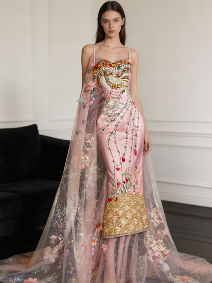 Chic Spaghetti Strap Pleated Embroidery Tulle Stole Long Party Dress Prom Gown Evening Dress D7405
