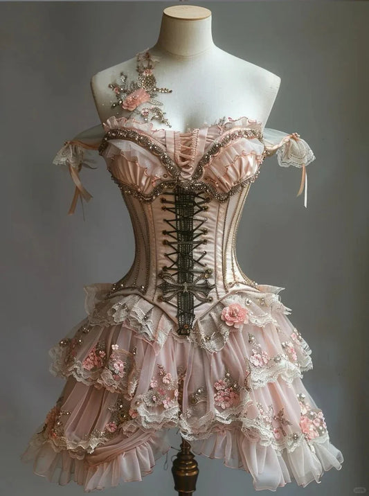 Vintage Floral Design Lolita Princess Dress A-line Beaded Chiffon Tiered Party Dress Homecoming Dress D1566