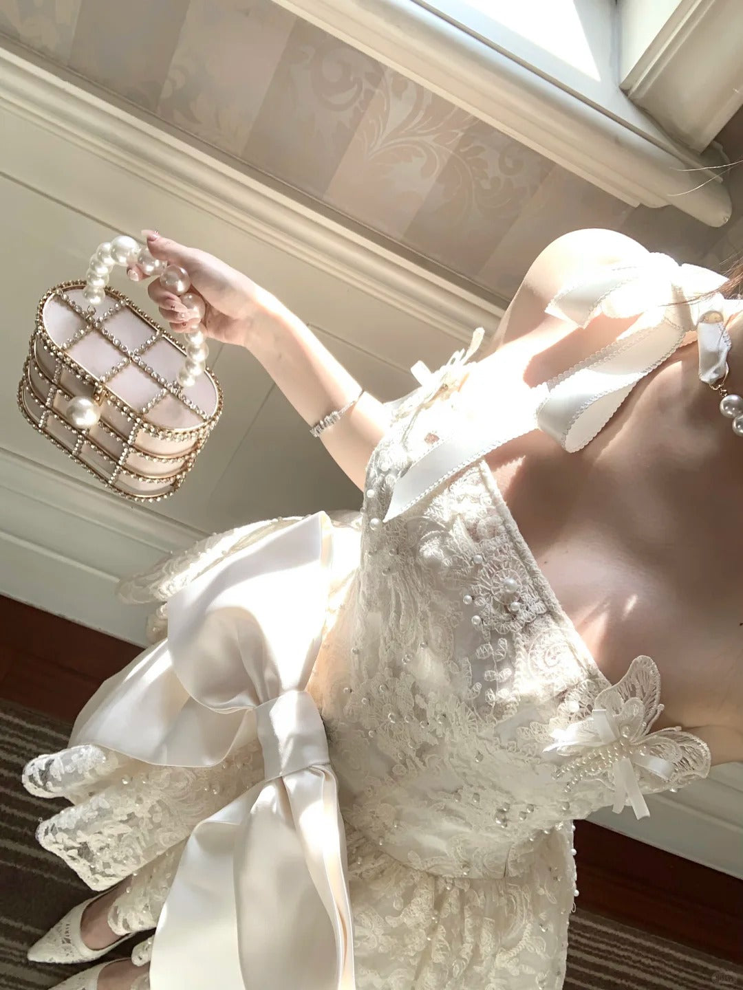 Elegant Homecoming Dress Spaghetti Strap Lace Pearl Bowknot Dress Back to School Outfits Party Dress  D6397