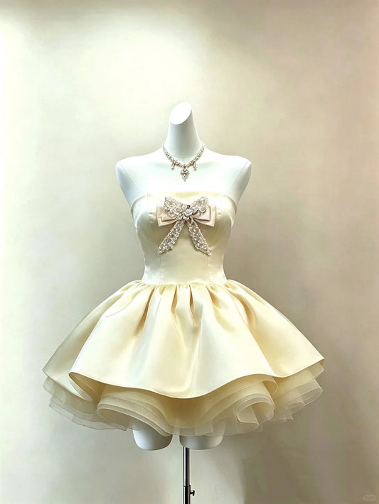 New Homecoming Dress Strapless Tulle Cascade Bowknot Back to School Outfits Party Dress Birthday Dress D7538