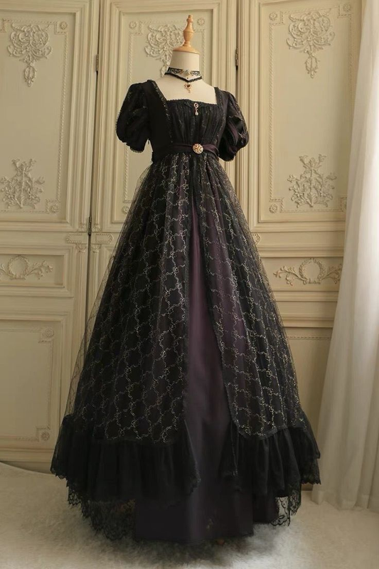 Modest Black A-Line Lace Satin Long Formal Prom Dress Vintage Party Dress, D921